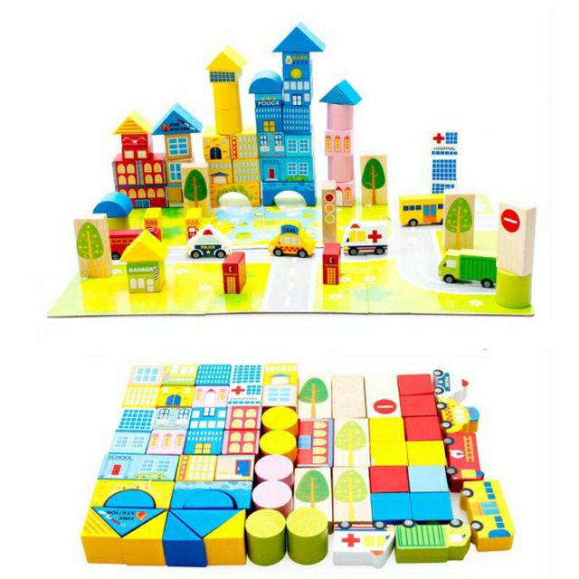 Đồ chơi khối gỗ xếp hình về giao thông và thành phố 62 và 100 chi tiết Firenam kid