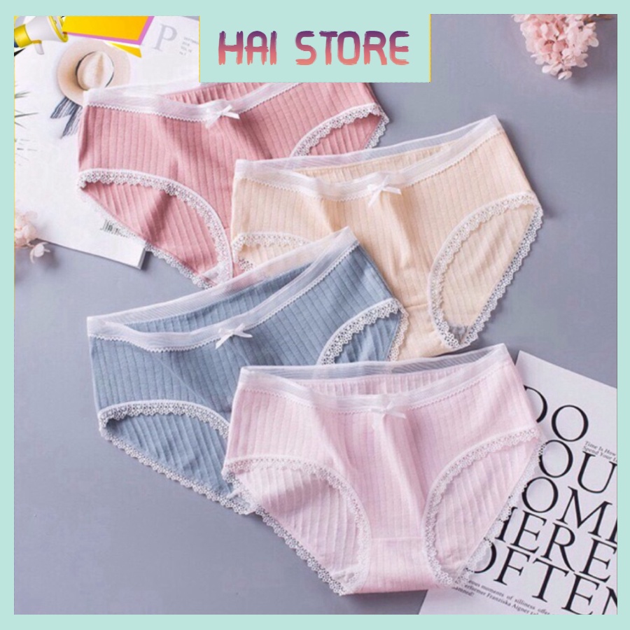 Quần Lót Nữ Cotton Viền Ren ,Quần Chip Gân Tăm Phối Nơ xuất Nhật Kháng Khuẩn An Toàn Sức Khỏe 5362
