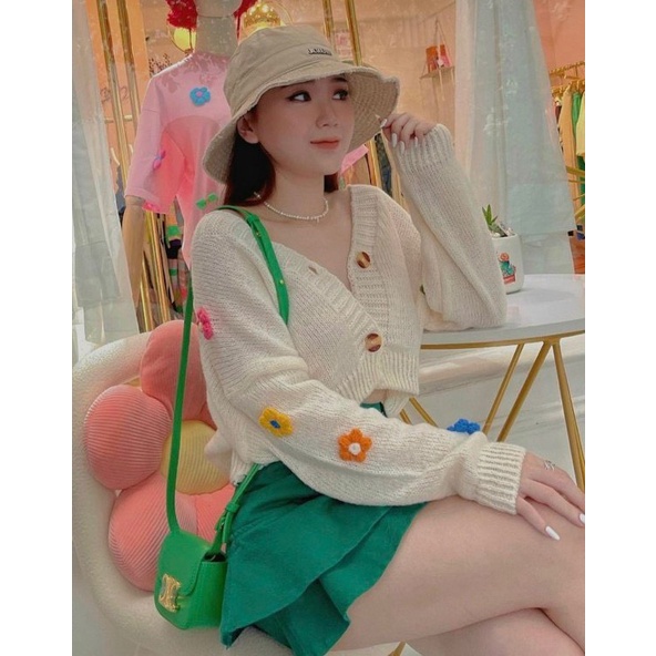 Áo Khoác len Đính Hoa Nổi Tay Cổ V 2 Khuy | Smide Clothing