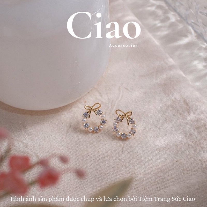 [HOẢ TỐC 1H] Khuyên tai/ Bông tai mạ bạc S925 thiết kế hình nơ đính đá Pretty In Ciao