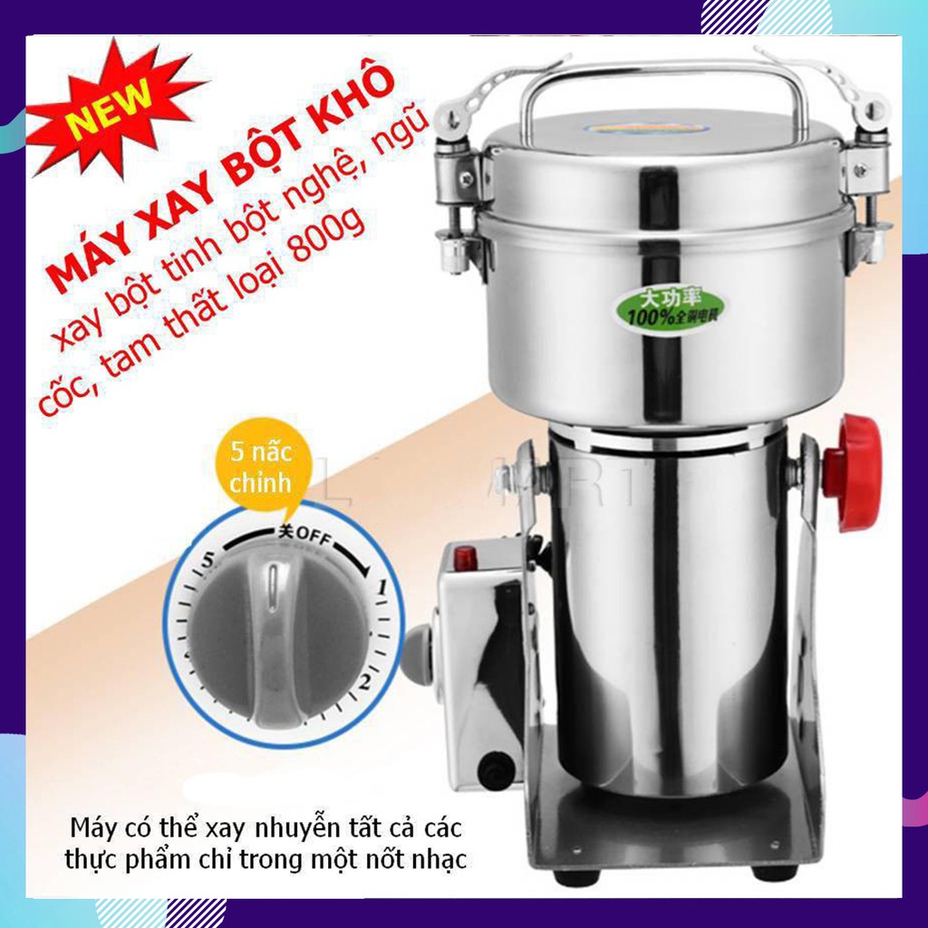 Máy xay đồ khô, Máy nghiền tinh bột nghệ ngũ cốc tam thất loại 800g nắp gài inox - Bảo hành 1 ĐỔI 1