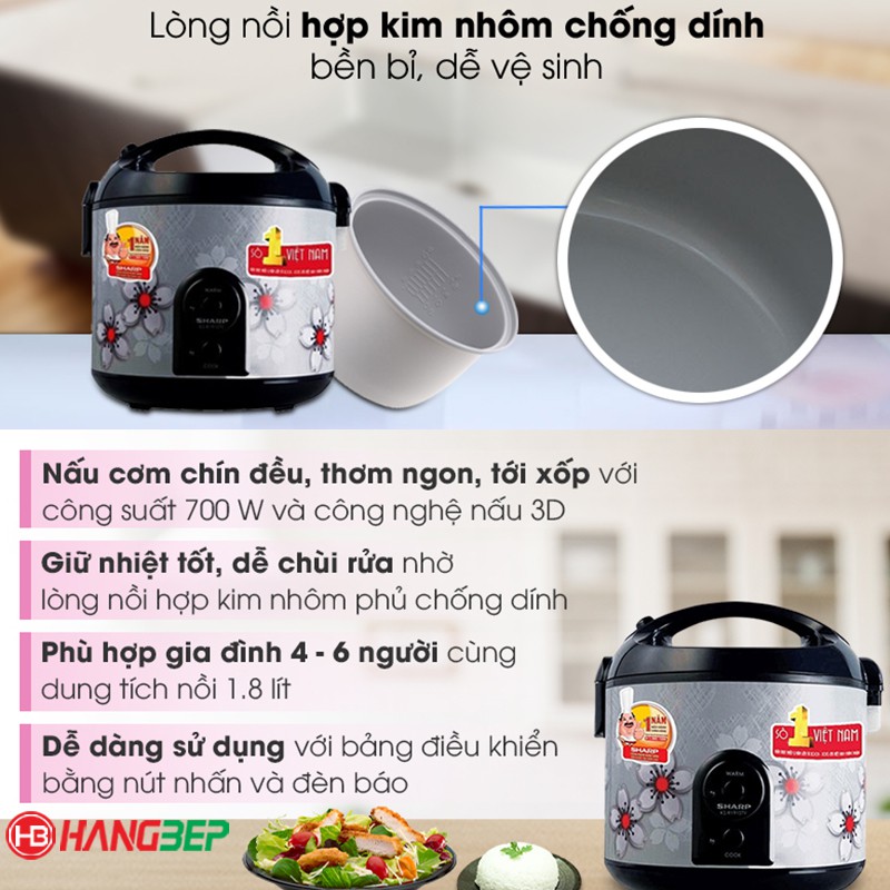 Nồi cơm điện Sharp 1.8 lít KS-NR191STV [THÁI LAN] - BẢO HÀNH CHÍNH HÃNG 12 THÁNG TOÀN QUỐC