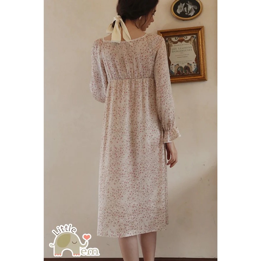 Váy ngủ tiểu thư dài tay chất lụa cao cấp - Hoa nhí