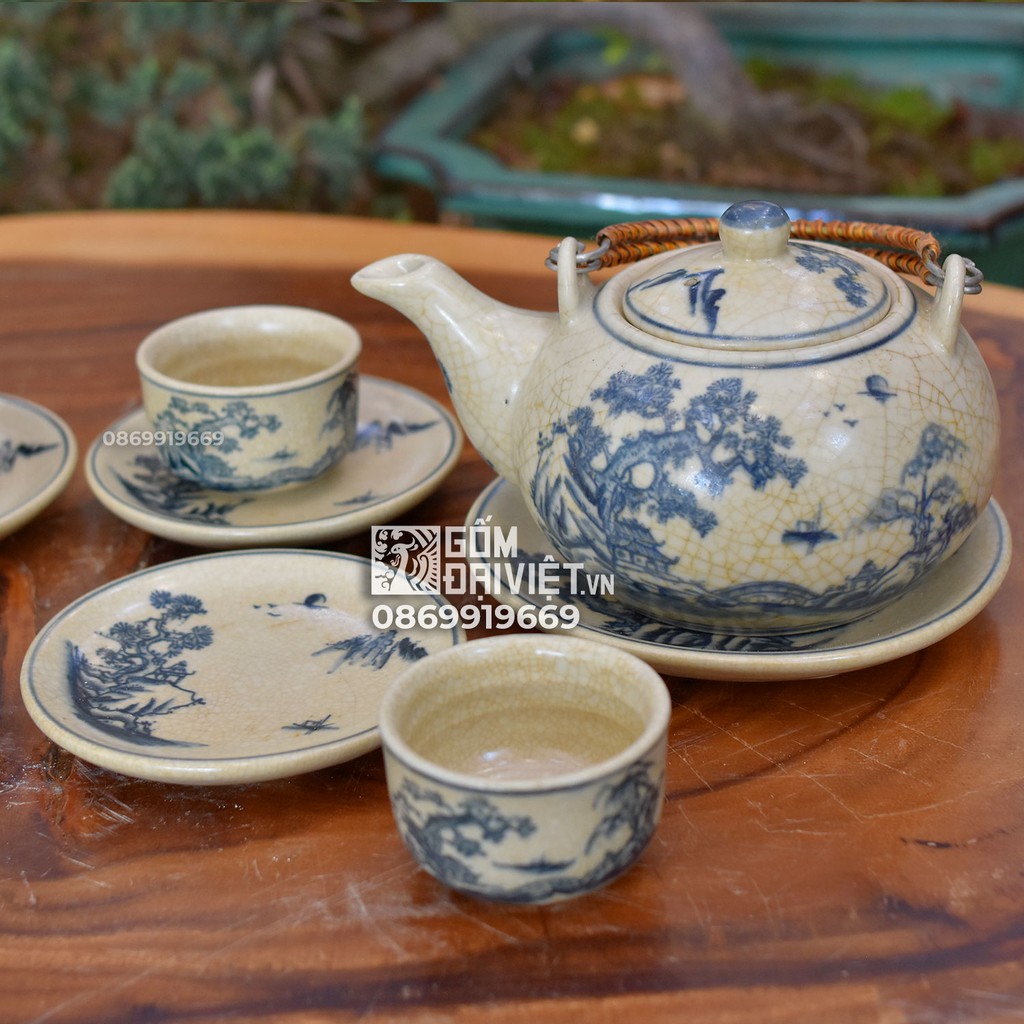 Bộ Ấm Chén Uống Trà Men Rạn Cổ Bát Tràng Vẽ Sơn Thủy Dáng Quả Hồng Full Phụ Kiện Gà Tàn, Hộp Chè, Ống Tăm
