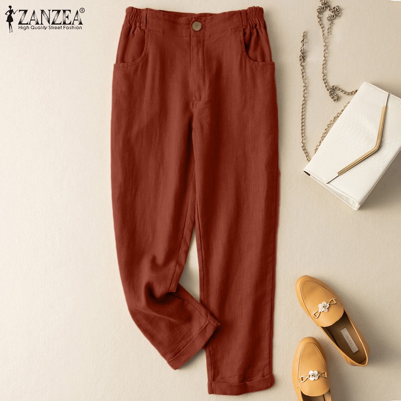 Quần dài ZANZEA lưng thun ống rộng màu trơn thời trang retro dành cho nữ