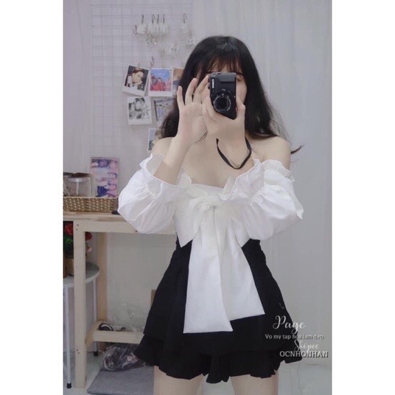 Sét váy hai tầng áo nơ bẹt vai xinh