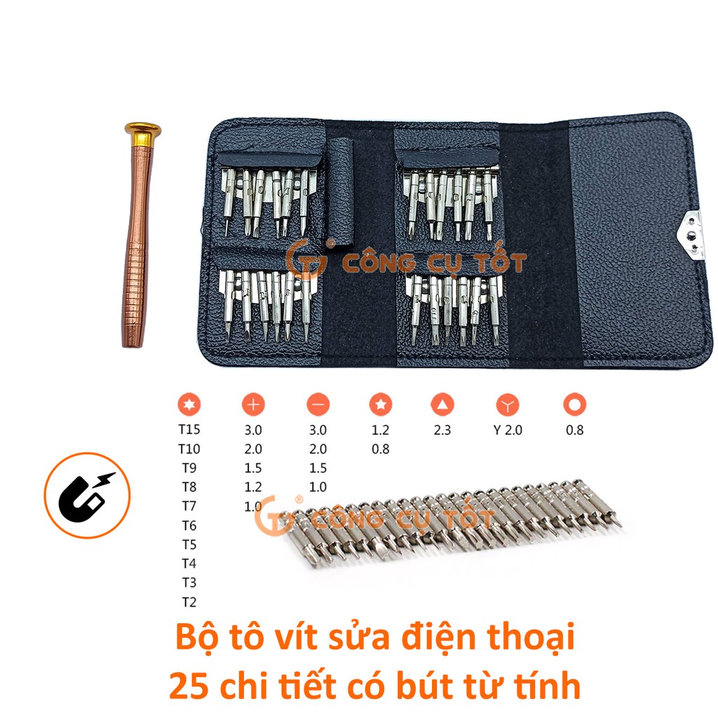 Bộ tô vít ví da 25 đầu từ tính sửa điện thoại