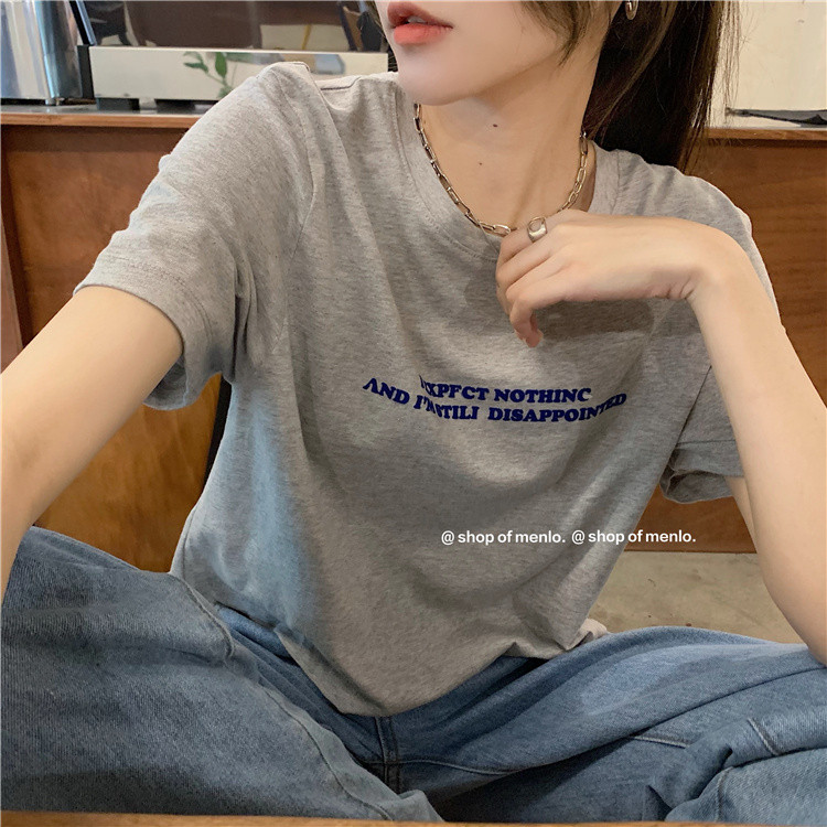 Áo thun nữ tay ngắn dáng rộng in chữ phong cách Hàn Quốc