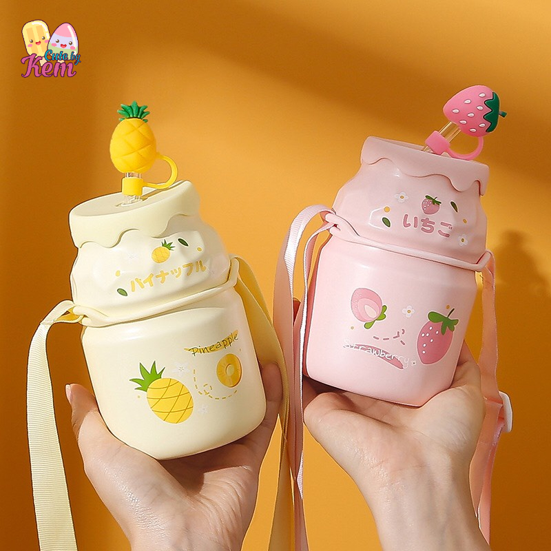 Ly cốc sứ uống nước Yakult dễ thương dung tích 550ml, có nắp đậy và Ống hút