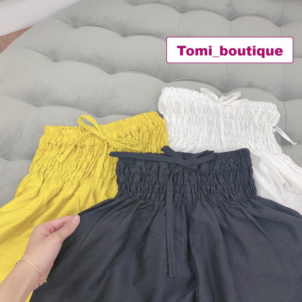 Set mặc ở nhà nữ Vải đũi tơ quảng châu áo phối bèo + quần sooc- Tomi boutique