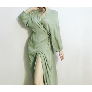 Đầm midi đũi đắp chéo cột dây eo