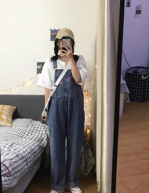 [KÈM ẢNH THẬT + SẴN] yếm quần bò jeans xanh dài dáng suông rộng túi ngực thêu hình xinh xắn ulzzang hàn quốc | BigBuy360 - bigbuy360.vn
