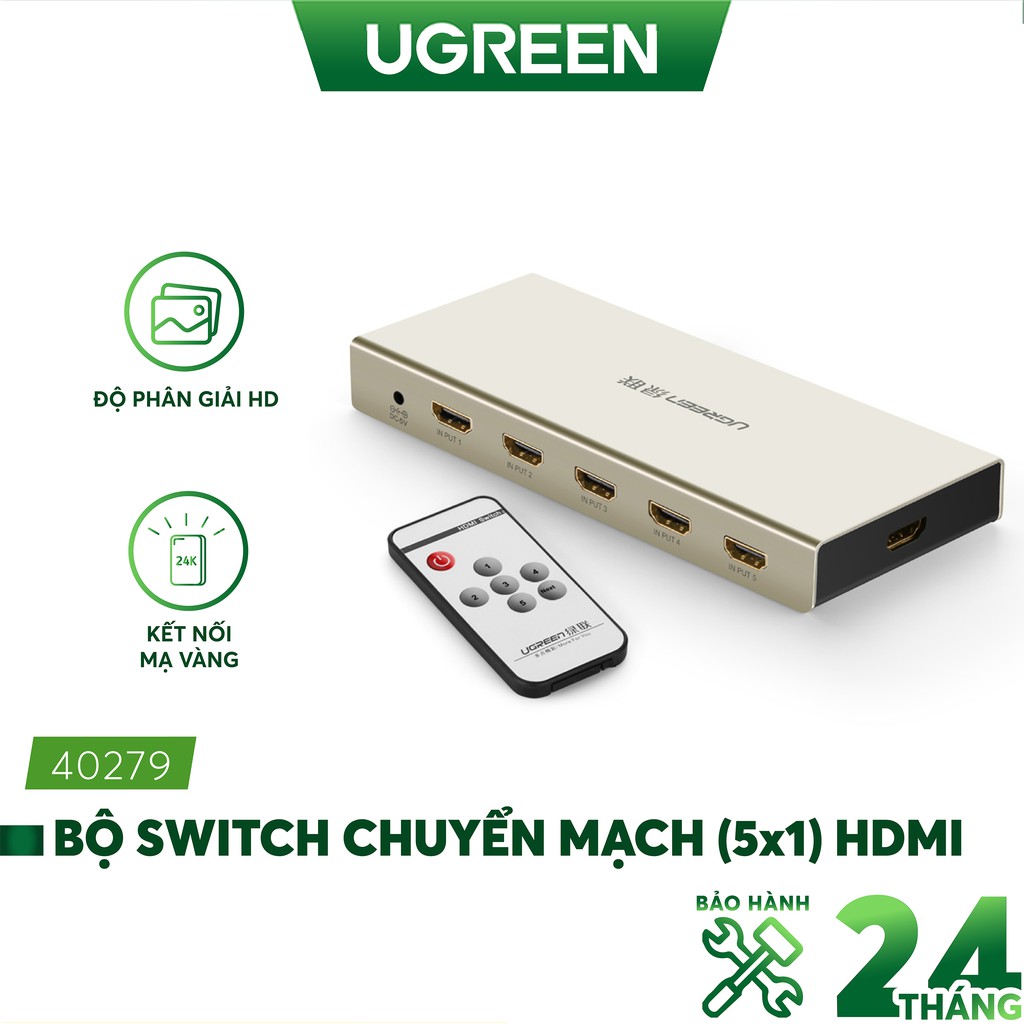 Bộ switch chuyển mạch (5x1) HDMI 4k2k 30Hz, hỗ trợ 1.4V, 3D,vỏ hợp kim UGREEN 40279