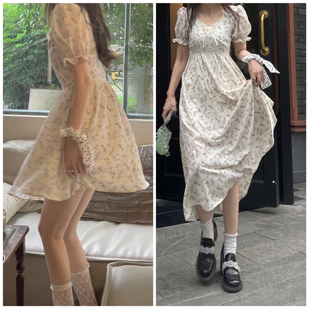 Váy đầm trắng họa tiết hoa nơ ngực hai kiểu ngắn dài nhẹ nhàng phong cách Hàn Quốc