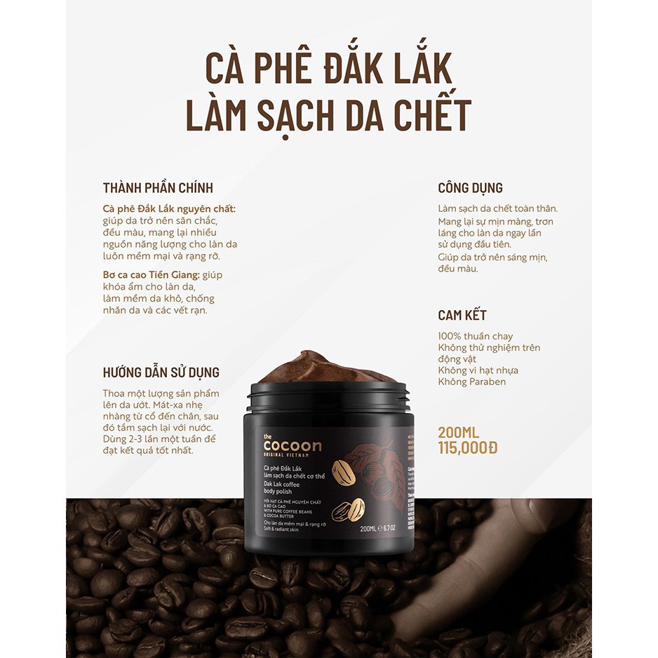 Tẩy da/tế bào chết body COCOON cà phê làm sạch và mịn da Coffee Body Polish 200g