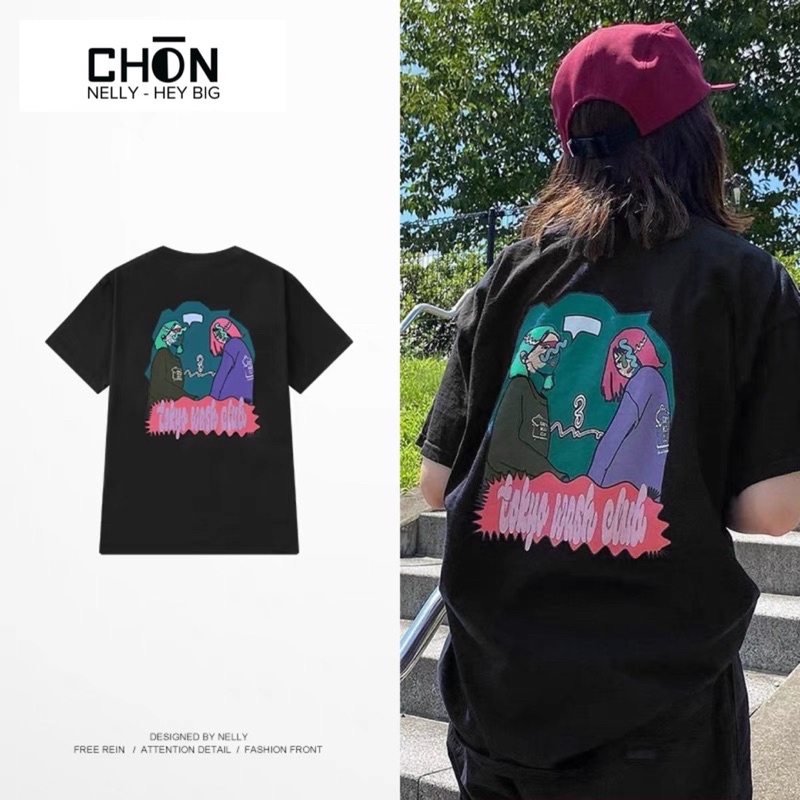 Áo thun NELLY, chính hãng, sẵn hàng, dáng Unisex MÀU ĐEN NHIỀU HÌNH IN