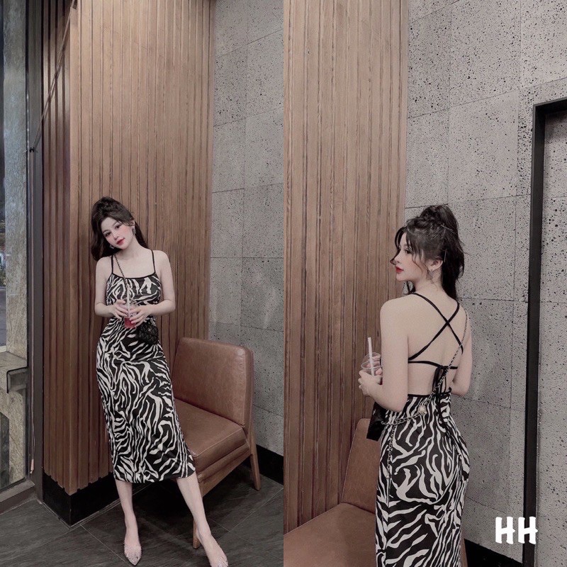 Đầm hai dây body vằn MPB dáng dài chất co dãn, Váy ôm nữ dự tiệc sang trọng hoạ tiết vằn siêu xinh | BigBuy360 - bigbuy360.vn