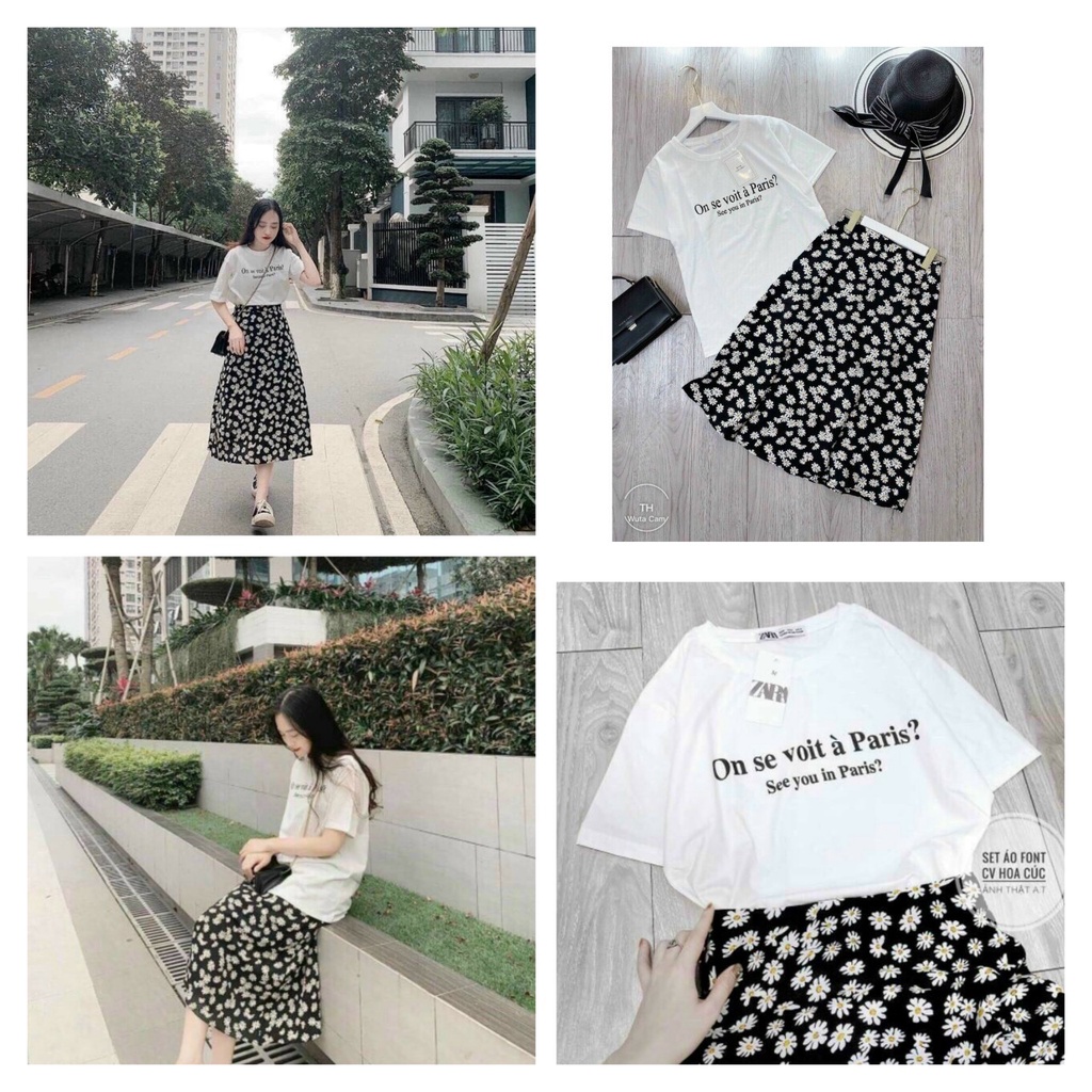 Set Đồ Nữ Aó Thun Cotton Phối Chân Váy Đũi Họa Tiết Bông Cúc Họa Mi Cực Kì Xinh Xắn QCS