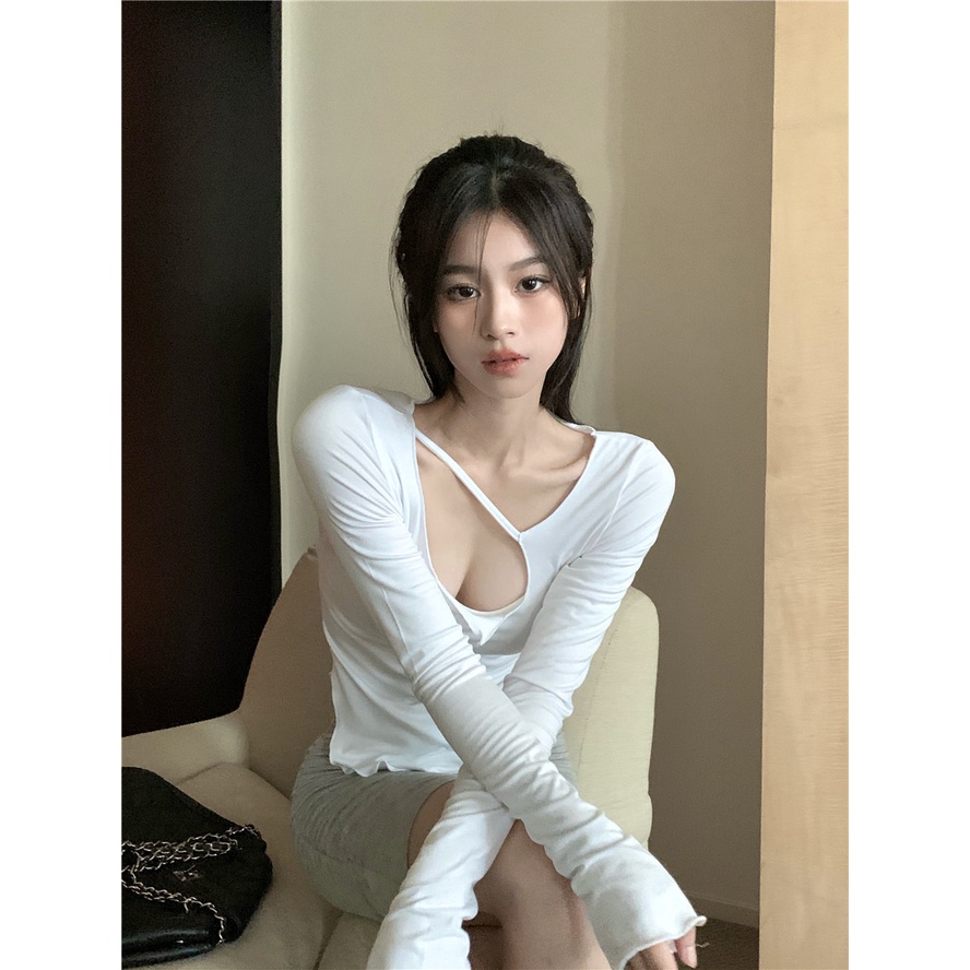 DUNEA Áo Kiểu Tay Dài Mỏng Thiết Kế Lệch Tà Thời Trang Quyến Rũ Cho Nữ