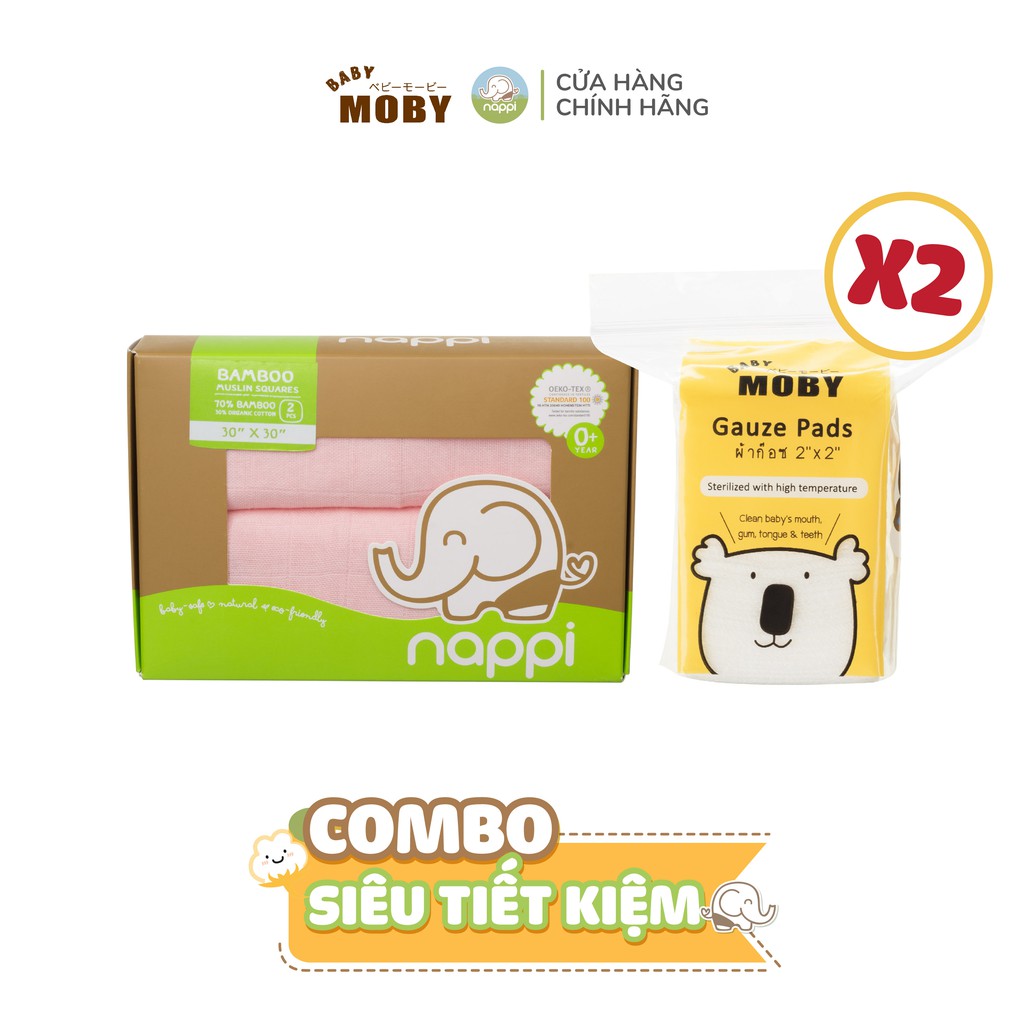 01 Hộp khăn sợi tre Nappi 77x77cm + 02 Gói gạc rơ lưỡi Moby