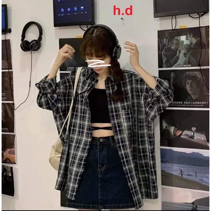 áo sơ mi kẻ đen sọc nhỏ dài HĐ52