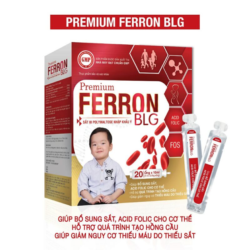 Siro Bổ máu PREMIUM FERRON BLG - Bổ sung sắt III và acid folic không gây táo bón -Hộp 20 ống