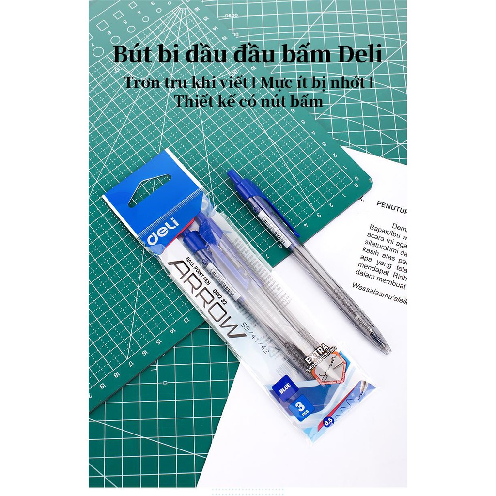 Bút bi dầu Deli - 0.5mm - Mực Xanh/Đen - 3 cây/1 túi - EQ01232 / EQ00822 / EQ00832 / EQ01222