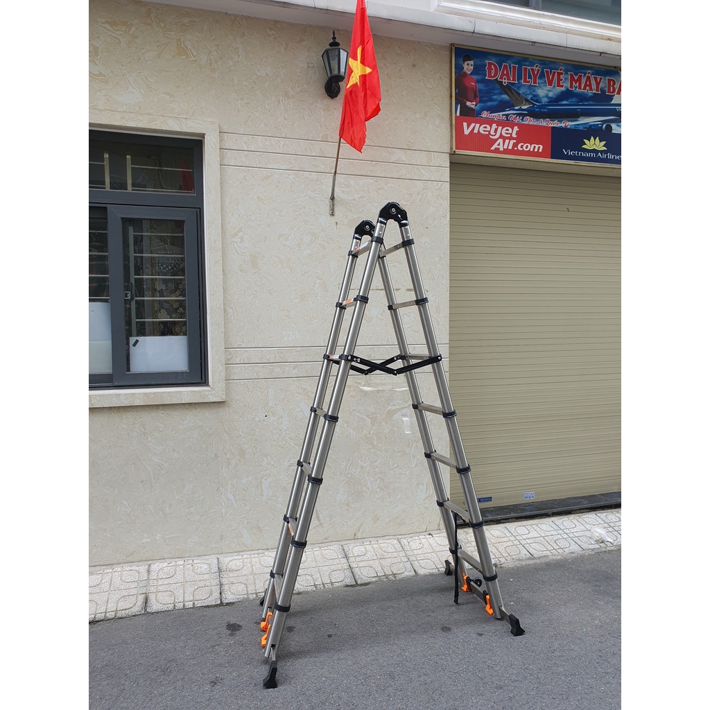 Thang Inox Rút Đôi Nhật Bản Cao 3.2m Duỗi 6.4m Có Bánh Xe DAKITA AI-320 Tải trọng 300kg Bảo hành 2 Năm