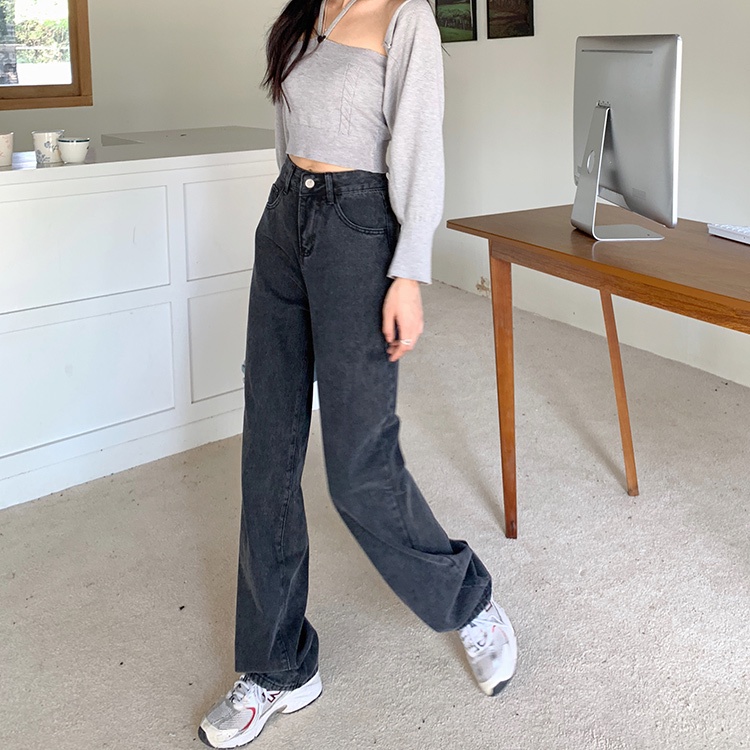 Quần jeans lưng cao ống rộng phong cách retro đường phố cho nữ