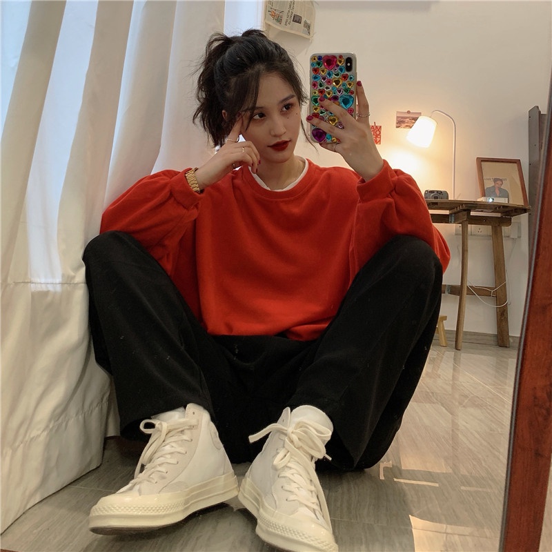 Áo sweater SUXI tay dài dáng rộng phong cách thời trang Hàn Quốc