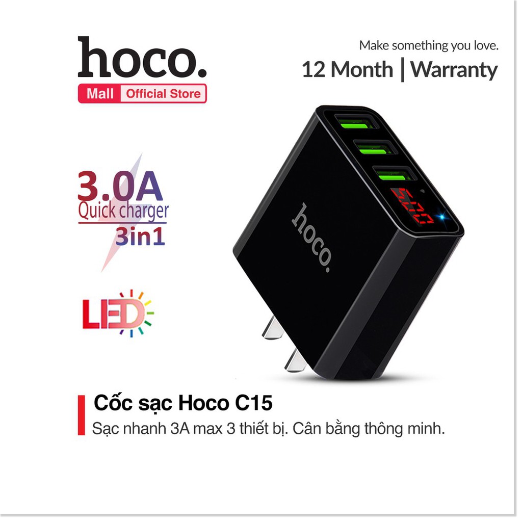 Cốc sạc 3 cổng Hoco C15 QC 3.0A đèn Led báo sạc được thiết kế dạng chấu dẹt theo tiêu chuẩn quốc tế - MrPhukien