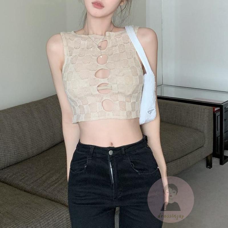 Áo Dệt Kim Sát Nách Màu Trơn Họa Tiết Kẻ Sọc Màu Sắc Cho Nữ