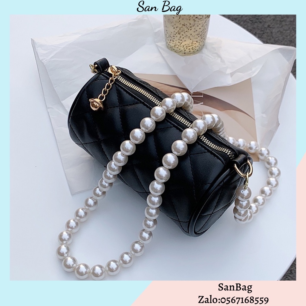 Túi xách đeo vai nữ thiết kế dạng trụ tròn thêu lưới dây đeo chuỗi ngọc sang trọng Ulzzang siêu xinh ❤️