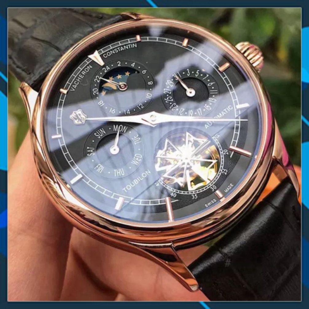Đồng hồ Nam máy nhật, mẫu 5kim lộ cơ cánh khế, mặt đen viền vàng , dòng cơ Automatic size 40mm , Đồng hồ thật giá trị th