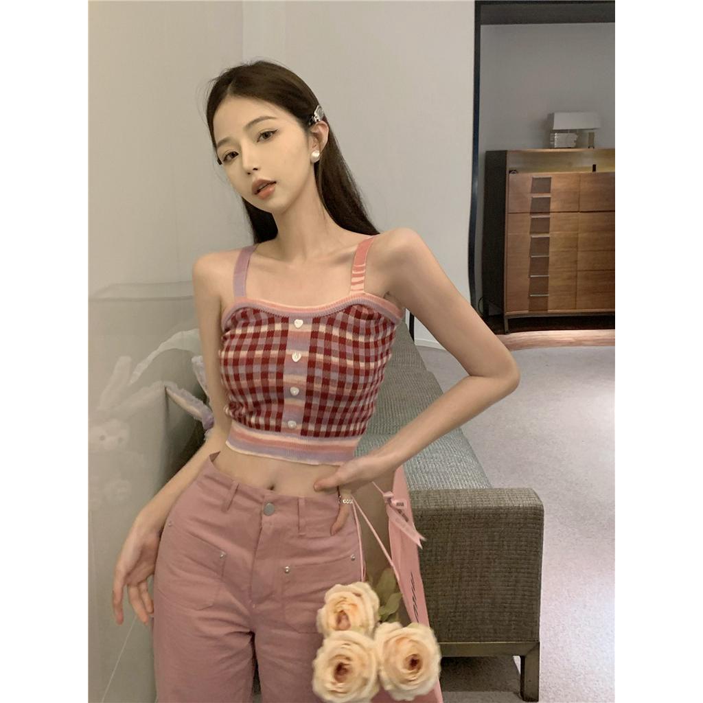 Áo Hai Dây Dệt Kim Ngắn Họa Tiết Sọc Caro Màu Sắc Thời Trang Mùa Hè 52842