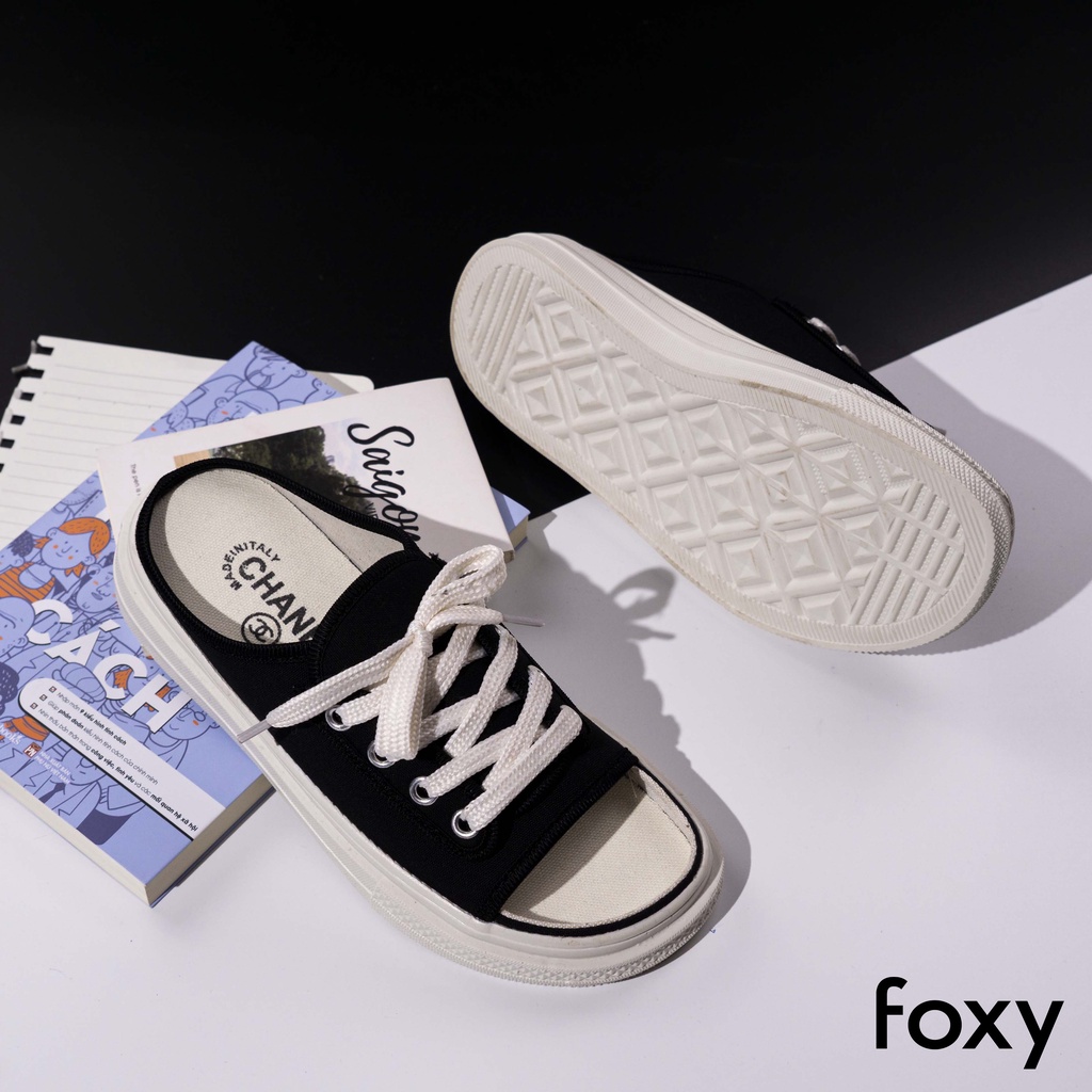 Giày Sục Nữ Thể Thao Giày Mules Nữ Hở Mũi Buộc Dây Màu Đen Đế Trắng Basic Foxy - FOM012