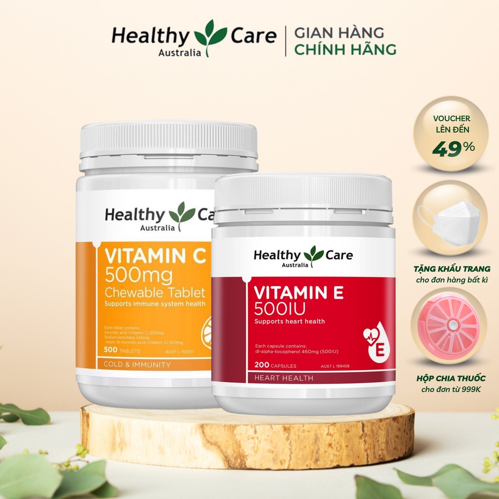 Combo Viên nhai Vitamin C 500mg Healthy Care và Viên uống Vitamin E giúp dưỡng da căng bóng, sáng da 500IU 200 viên