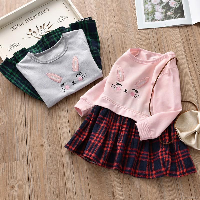 Đầm dài tay kẻ ca rô thêu hình con mèo cho bé