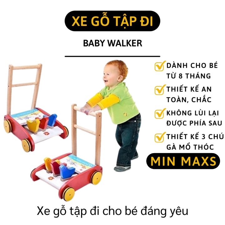Xe Gỗ Tập Đi - Xe Đẩy Cho Bé Tập Đi Hình 3 Con Gà Âm Thanh Vui Nhộn 10406 [MINMAXS]