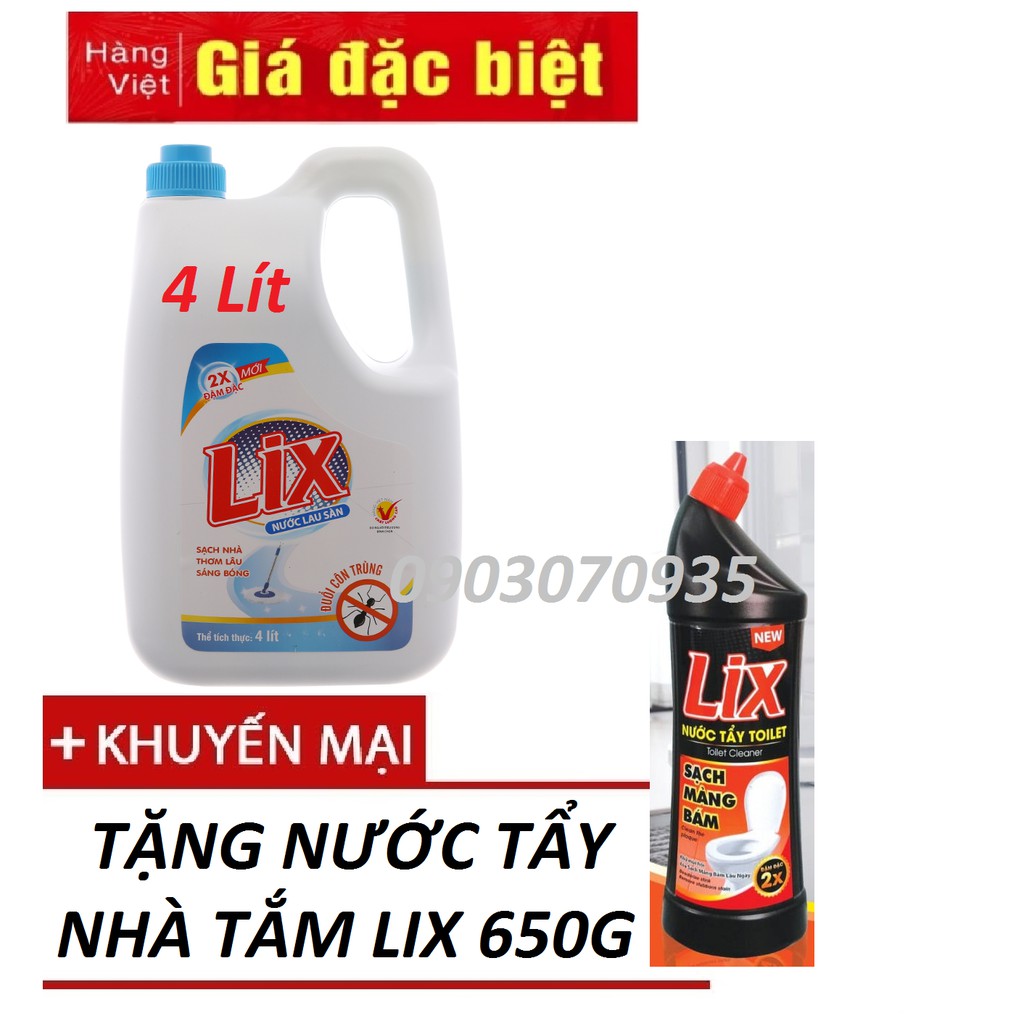 Nước lau sàn Lix đuổi côn trùng 4L Tặng Tẩy Trắng Javel 500ml