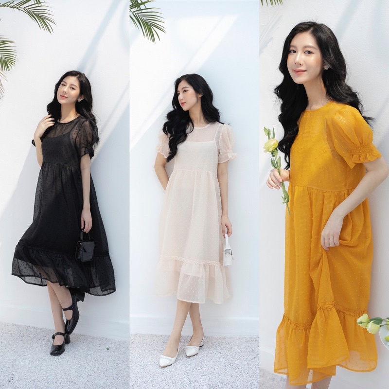 Váy Babydoll Chấm Nổi Dáng Đuôi Cá Phom Suông Dáng Dài 3 Màu Tôn Da Che Khuyết Điểm Tốt
