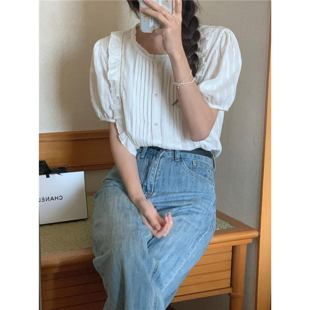 Áo Sơ Mi Nữ Tay Ngắn Thêu Ren Phong Cách Hàn Quốc Thời Trang Mới 52111