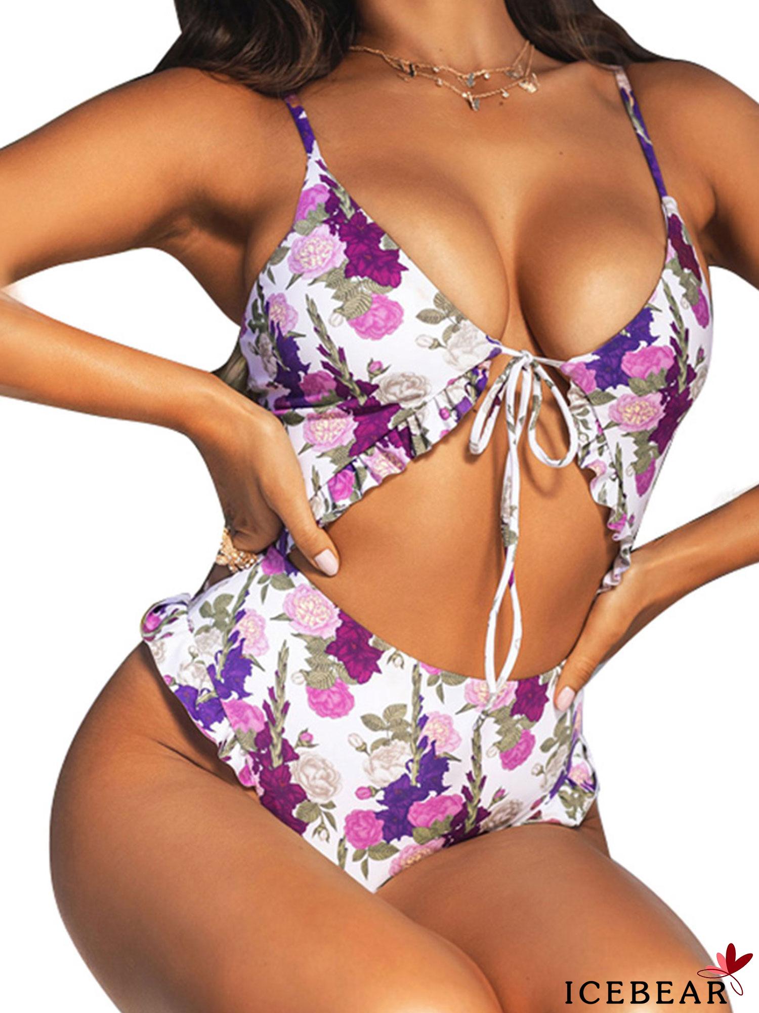 ICE-Women´s Printed One-piece Swimsuit, Deep V-neck Front Lace-up Hollowed High Waistline Sling Swimwear