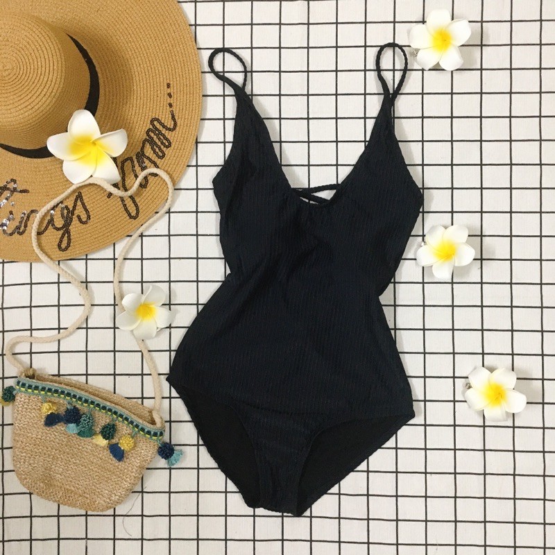 Đồ bơi Bikini liền mảnh màu đen khoét ngực đan chéo lưng sexy (vải thun gân cao cấp)