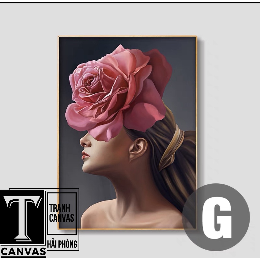 Tranh Canvas tràn viền  treo tường tranh nghệ thuật Cô gái che mặt và hoa size nhỏ mã CGCM63-65