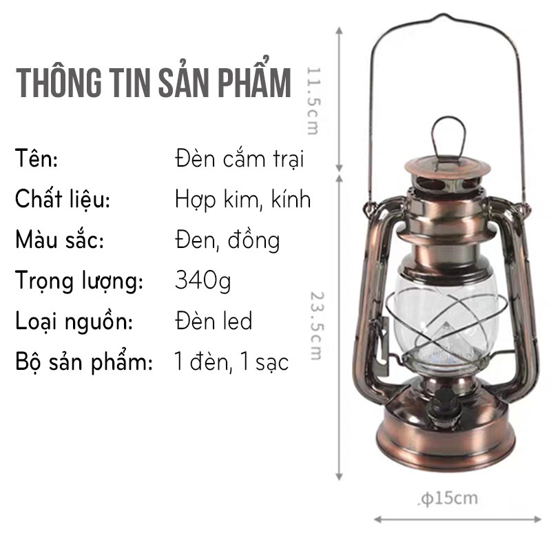 Đèn Bão Đèn Măng Xông Tích Điện Cắm Trại Dã Ngoại Tiện Lợi Ánh Sáng Ngọn Lửa Size 23.5cm
