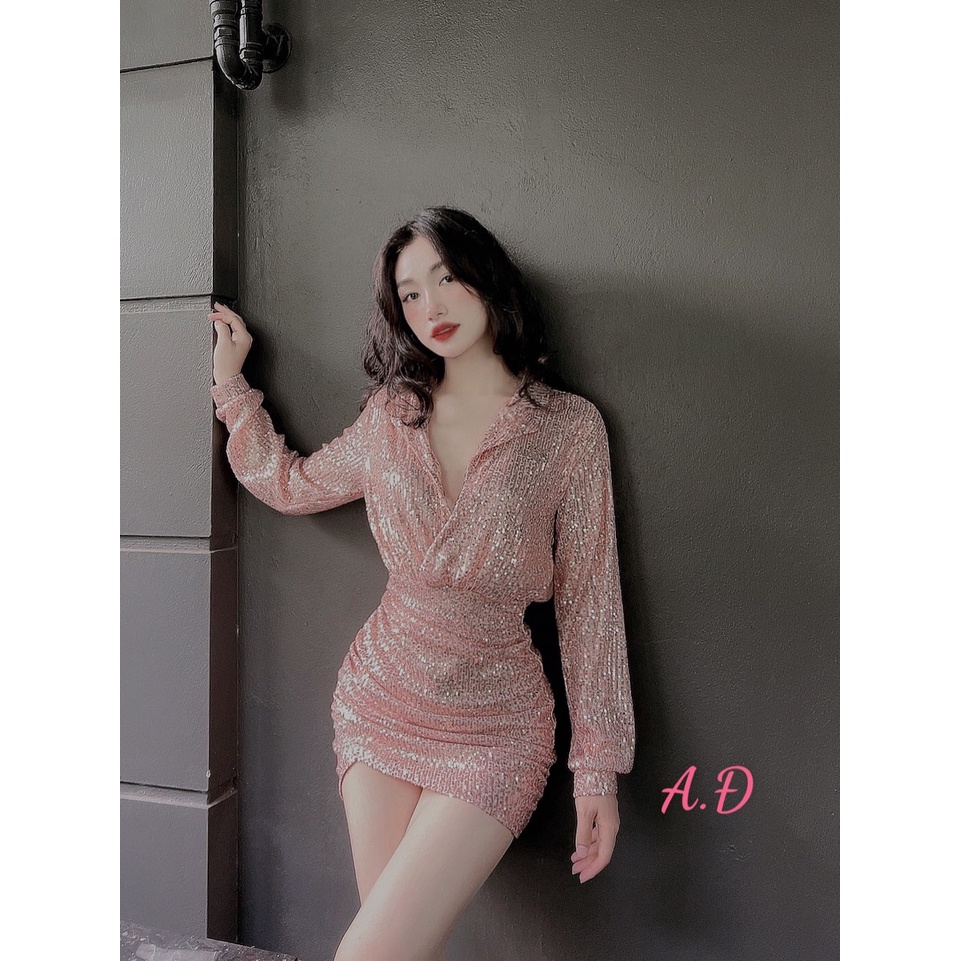 Đầm body kim sa xẻ ngực sexy