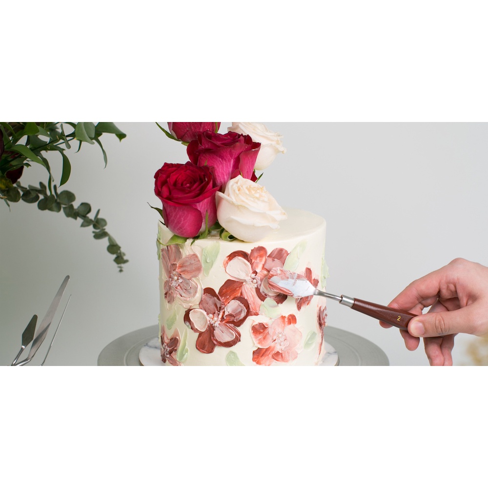 Bộ 5 dao chà láng cán gỗ nâu sang trọng dùng trang trí bánh kem, fondant cao cấp