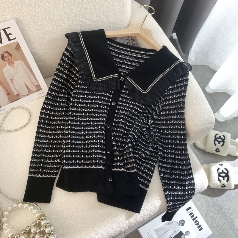 Áo Khoác Cardigan Dệt Kim Cổ Búp Bê Họa Tiết Sọc Caro Thiết Kế Mới Thời Trang Mù
