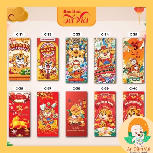 Phong bao lì xì Tết giấy C150 giá rẻ, lixi thần tài, hình thú, chibi độc lạ màu đỏ SAMI KIDS